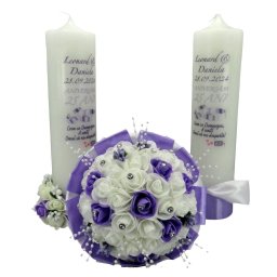 Set Lumanari Nunta de Argint (25 ani) + Buchet Mireasa, alb-mov - ILIF409020