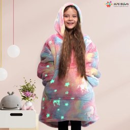Hanorac patura cu maneci fete Unicorn Fosforescent cu buzunar cangur Flanel Polar 440g mp 105 cm