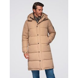 Ombre Men's quilted long jacket with detachable hood - beige