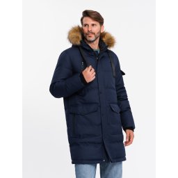 Ombre Men's long warm parka hooded jacket - navy blue