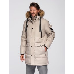 Ombre Men's long warm parka jacket with hood - beige
