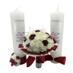 Set Lumanari Nunta de Argint (25 ani) + Buchet Mireasa, alb-grena - ALIF410009