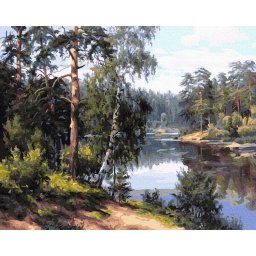 Set pictura pe numere, cu sasiu, Rau in padure, 40x50 cm