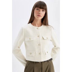 DEFACTO Crop Crew Neck Button-Down Blazer Jacket