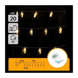 Aigostar - Ghirlandă decorativă cu cleme 20xLED/3xAA 3,3m alb cald