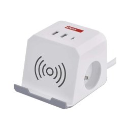Prelungitor cub cu funcție de încărcare fără fir QI 2Z +2xUSB-A+1xUSB-C 2m alb