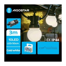 Aigostar - Ghirlandă LED decorativă pentru exterior, 10 LED, 3 m, IP44, alb rece