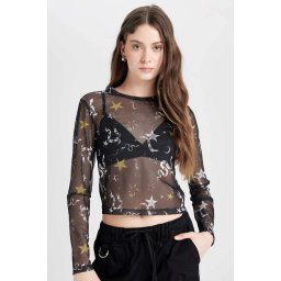 DEFACTO Cool Fitted Body Patterned Tulle Short Sleeve Black T-Shirt