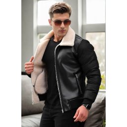 16456 Dewberry Faux Fur Inside Slim Fit Mens Winter Coat-BLACK-BEIGE