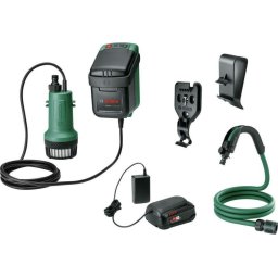Pompa submersibila apa curata/de ploaie pe acumulator 18 V, 2.5 Ah, 2000 l/h debit maxim, 30 min timp maxim functionare, 2.5 m lungime furtun, ghidaj furtun, accesoriu prindere rezervor/perete, acumulator, incarcator