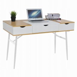 Birou calculator, Jumi, placa MDF, otel, cu sertar, compartimente interioare, alb si natur, 120x60x77 cm