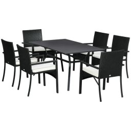 Set mobilier gradina/terasa, negru si bej, ratan sintetic, 1 masa, 6 scaune, Lynna