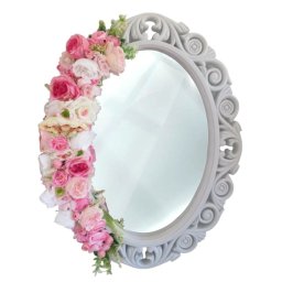 Oglinda miresei, forma ovala, model floral, lucrata cu flori de matase, roz - ALIF410005