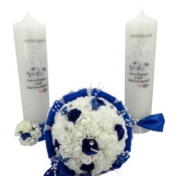 Set Lumanari Nunta de Argint (25 ani) + Buchet Mireasa, alb-albastru - ALIF410010