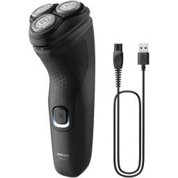 Aparat de ras Philips Shaver Seria 1000 S1141/00, barbierit umed si uscat, fara fir, capete 4D flexibile, lame autoascutire, 40 min, capac de protectie, Negru