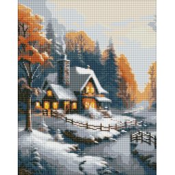 Set goblen cu diamante AB, cu sasiu, Casa cu zapada, 40x50 cm