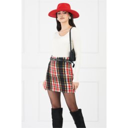 Fusta Simona rosie cu carouri negru-galben si curea in talie
