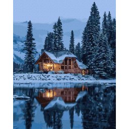 Set pictura pe numere, cu sasiu, Casa iarna langa lac, 40x50 cm