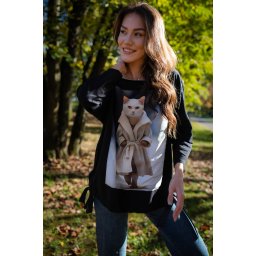BLUZA DIN BUMBAC OVERSIZE CU MANECA LUNGA SI FUNDITE REGLABILE IN TALIE CAT NEKO TALIE UNICA Multicolora
