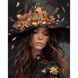 Set pictura pe numere, cu sasiu, Zana padurii de toamna- vopsea aurie, 40x50 cm