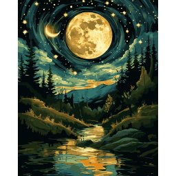 Set pictura pe numere, cu sasiu, Luna si padurea- canvas negru, 40x50 cm