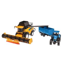Combina New Holland CR9090 cu Tractor T7270 cu remorca 2016, macheta utliaj agricol, scara 1:32, galben cu negru, New Ray