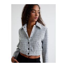 Koton Tweed Bomber Jacket with Pockets and Buttoned Shirt Collar