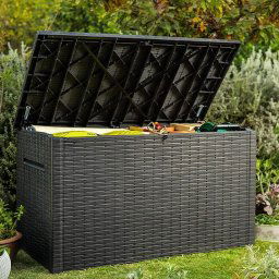 Lada depozitare de gradina, pentru unelte si accesorii, cu capac, material polipropilena, culoare graphite, Keter Java, dimensiuni 147x82x86 cm, capacitate 850 L