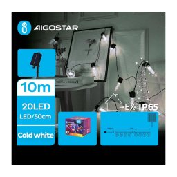 Aigostar - Ghirlandă solară cu LED, 20 LED / 8 funcții, 11,5 m, IP65, alb rece
