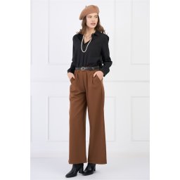 Pantaloni office din stofa maro cu elastic si curea in talie