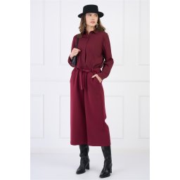Pantaloni smart-casual din stofa bordo evazati cu buzunare si cordon
