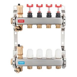 Distribuitor/colector Ferro tip SN-RZPU 1" din inox 4 circuite cu debitmetre si robineti termostatati