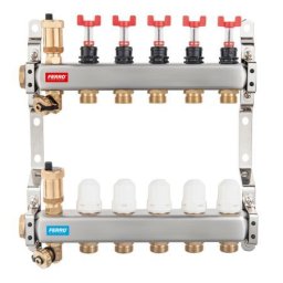 Distribuitor/colector Ferro tip SN-RZPU 1" din inox 5 circuite cu debitmetre si robineti termostatati