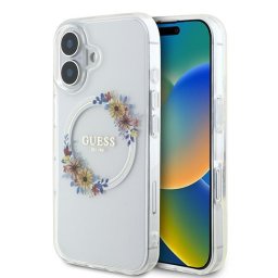 Husa Husa pentru iPhone 16 Plus - Guess IML Flowers Wreath MagSafe (GUHMP16MHFWFCT) - Clear