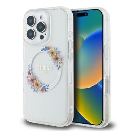 Husa Husa pentru iPhone 16 Pro - Guess IML Flowers Wreath MagSafe (GUHMP16LHFWFCT) - Clear