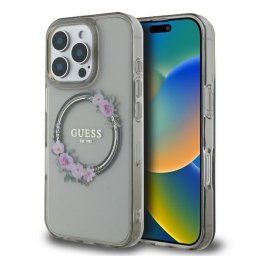 Husa Husa pentru iPhone 16 Pro - Guess IML Flowers Wreath MagSafe (GUHMP16LHFWFCK) - Black