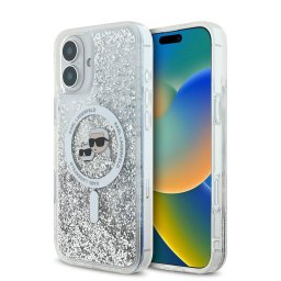 Husa Husa pentru iPhone 16 - Karl Lagerfeld Glitter Liquid MagSafe (KLHMP16SLGKCSGH) - Transparent Karl&Choupette Head