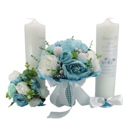Set Lumanari Nunta de Argint (25 ani) + Buchet Mireasa, alb-bleu- ALIF410037