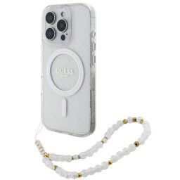 Husa Guess Glitter MagSafe Beads Strap pentru iPhone 16 Pro Transparent