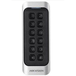 Cititor card cu tastatura Hikvision DS-K1107AMK, citeste carduri Mifare 13.56 MHz, distanta citire: ≤ 50 mm, RS-485, Wiegand (W26/W34) protocol si protocol OSDP, Watchdog, Keypad cu 12 butoane, indicator de stare si alimentare, buzzer incorporat, tamper,