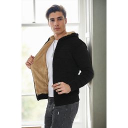 14455 Dewberry Furry Hooded Mens Sports Slim Fit Cardigan-BLACK