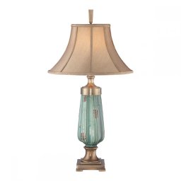 Veioza Monteverde, 1xE27, H86 cm, D46 cm, metal alamă, ceramică verde, abajur textil crem