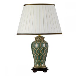 Veioză Sashi, 1xE27, H68cm, D40cm, ceramică verde cu auriu, abajur textil ivory