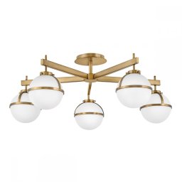 Lustră baie Hollis, 5xE14, D81,3 cm, H30,5 cm, IP44, metal alamă, sticlă albă