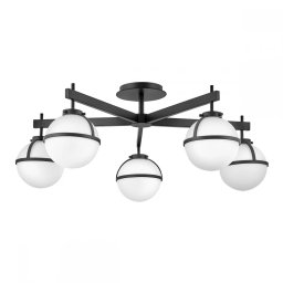 Lustră baie Hollis, 5xE14, D81,3 cm, H30,5 cm, IP44, metal negru, sticlă albă