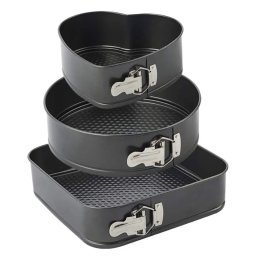 Set de 3 forme pentru copt, baza detasabila, inima, forma rotunda si patrata, Gonga® Negru