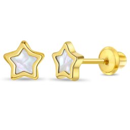 Cercei din Aur 14K pentru Copii, model Stea cu Sidef Mother of Pearl, inchidere cu Filet si Protectie