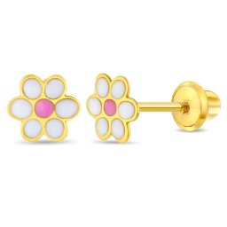 Cercei din Aur 14K pentru Copii, model Daisy Floare cu Email Roz, inchidere cu Filet si Protectie
