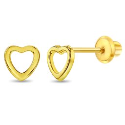 Cercei din Aur 14K pentru Copii, model Open Heart, inchidere cu Filet si Protectie