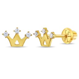 Cercei din Aur 14K pentru Copii – model Coroana cu Pietre CZ, inchidere cu Filet si Protectie